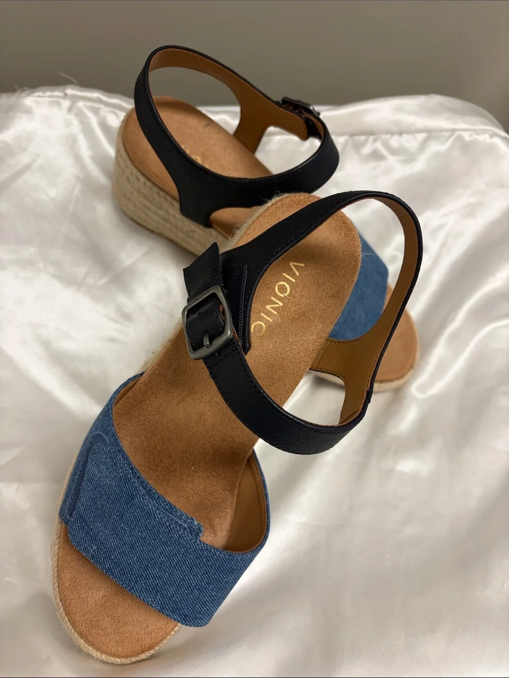Vionic Blue Denim & Black Espadrille Wedge Sandals